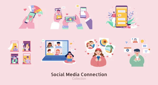 友人とのソーシャルメディア接続のかわいいフラットデザイン要素セット 人々はアプリとチャットし 電子機器を介してソーシャルメディア上で活動 — ストックベクタ