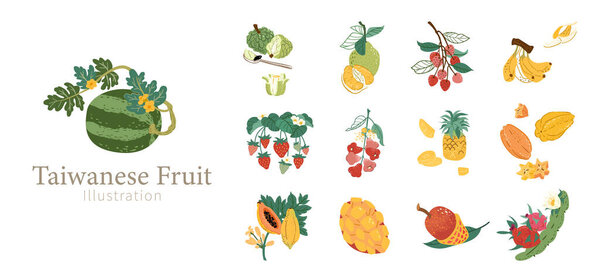 Тайваньский набор местных фруктов. Арбуз ручной работы, клубника, бананы, ананас, манго, фрукты дракона, папайя, звездные фрукты, воск яблоко, личи, и помело изолированы на белом фоне.