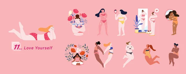 Nettes Handgezeichnetes Stilelement Set Aus Liebe Selbst Multi Ethnische Frauen — Stockvektor