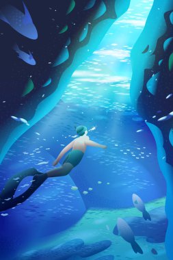 Yeşil Ada, Tayvan 'daki sakin sualtı manzarası. İnsan, Yusuf 'un mavi mağarasını dalıyor ve keşfediyor..