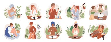 Düz tasarımlı kadınlar beyaz arka planda izole edilmiş cilt bakımı rutininden hoşlanırlar. Kadınlar cilde nemlendirici sürüyor ve temizliyor.