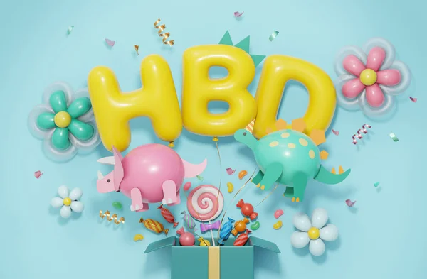 3D colorful party decorations pop out from surprise gift box on light blue background. Including floating HBD letter, dinosaur, flower balloons with confetti and candies.