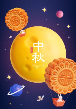 3D Sonbahar Festivali posteri. Şirin yeşim tavşanlar ay çöreği sıcak hava balonlarıyla galakside dolaşıyorlar. Çince çeviri: sonbaharın ortası. 15 Ağustos.