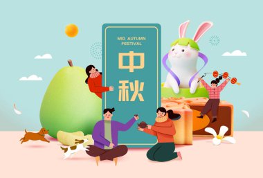 Ay pastasının etrafında minyatür insanlar ve yavrular, açık mavi arka planda yeşil şapkalı yeşim tavşanlar ve osmanthus çiçekleri. Çince Çeviri: Güz ortası Festivali.