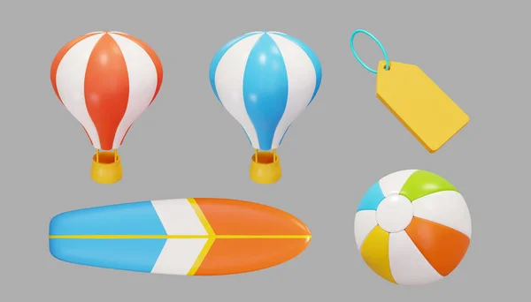 Sommerzeit Reiseset Inklusive Anhänger Beachball Surfbrett Heißluftballons Isoliert Auf Grauem — Stockfoto