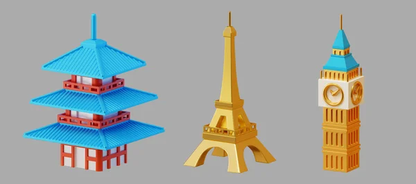 Berühmtes Wahrzeichen Set Mit Japanischem Turm Eiffelturm Und Big Ben — Stockfoto