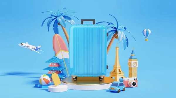 Plakat Promocyjny Blue Travel Niebieski Wyświetlacz Bagażu Złotym Podium Transportem — Zdjęcie stockowe