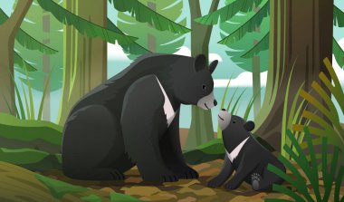 Lovely interaction between Formosan black bear mom and cub in the forest. clipart