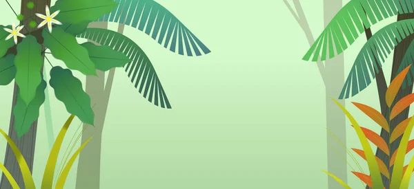 Туманний Дощовий Ліс Деревами Тропічними Рослинами Екзотичний Фон Джунглями Дизайн — стоковий вектор