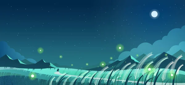 Serene Grassland Glowing Fireflies Full Moon Starry Night Beautiful Natural — Stock Vector
