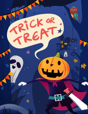 Neşeli Cadılar Bayramı posteri. Korkunç yüzlü balkabağı şövalyesi karanlık bir ormanda ürkütücü yaratıklar ve perili köşk silueti arka planda..