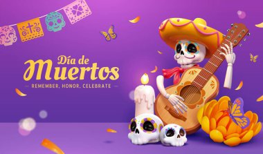 Ölü posterinin 3 boyutlu günü. Sombrero 'daki iskelet marigold yapraklarıyla gitar çalıyor. papel picado, mum ve kafatasları ile süslenmiş mor arkaplan.