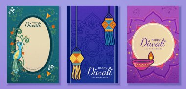 Renkli Diwali Hindu festivali şablonu güzel rangoli deseni, çiçekler ve tavus kuşu deseni ile ayarlandı.