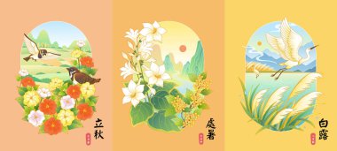 Oriental line style of solar terms in Autumn. Beautiful landscape, birds and floral. Text Translation: July. Beginning of Autumn. Mid July. End of Heat. August. White Dew. clipart