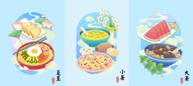 Yaz mevsimi için lezzetli yemekler. Krep, soğuk erişte, fasulye çorbası, kızarmış nilüfer kökü, karpuz ve çim jöleli tatlı. Metin: Mayıs ortası. Yaz Gündönümü. Haziran. Minor Heat. Haziran ortası. Büyük Isı.