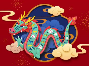 Kağıt sanatı tarzı CNY kartı. Kırmızı arkaplanda bulutlarla çevrili çiçek desenli ejderha..