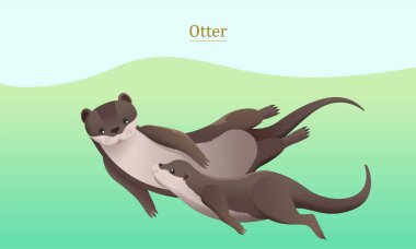 Anne ve yavru su samuru elementi açık mavi ve yeşil arkaplanda izole edilmiş..