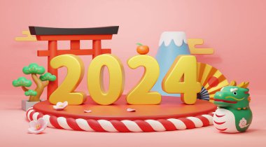 3D golden 2024 on red shimenawa podium on pink background with dragon figurine and Japanese decors clipart