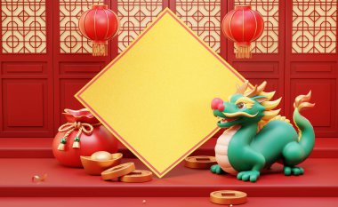 Ejderha, altın, talih çantası ve merdivenlerde geleneksel Çin kapısı olan Doufang..