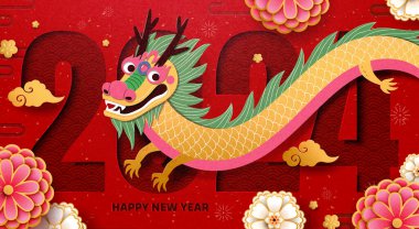 Oryantal CNY ejderha yılı tebrik kartı. Kırmızı dalga deseninde ejderha ve şakayık çiçekleri 2024 arkaplan.