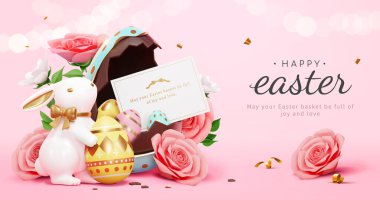 3 boyutlu romantik Paskalya tebrik kartı. Üzerinde güller, çikolata yumurtaları ve pembe arka planda porselen bir tavşan var..