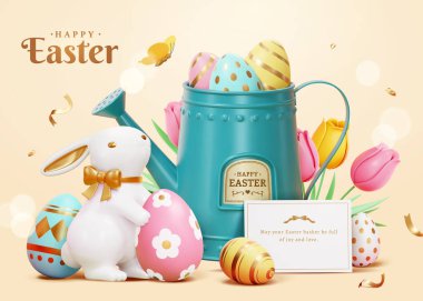 3 boyutlu Paskalya porselen tavşanı, boyalı yumurta, sulama kutusu ve açık bej arka planda laleler..