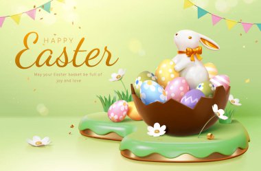 3 boyutlu paskalya şablonu. Çikolatalı yumurta ve yeşil arka planda çimen podyumunda porselen tavşan..