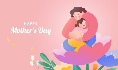 Sevgi dolu anneler günü kartı. Anne ve kızı açık pembe arka planda birbirlerine sarılıyorlar.