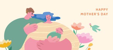 El yapımı Anneler Günü kartı. Açık bej arka planda yeni doğmuş bebekli ve çiçekli ebeveynler.