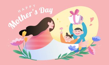 Tatlı Anneler Günü kartı. Çocuklar açık pembe arka planda annelerine hediye ve çiçek getiriyorlar.