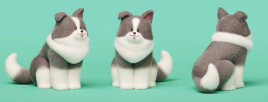 3D Husky köpek yavrusu nane yeşili arka planda farklı açılarda oturuyor