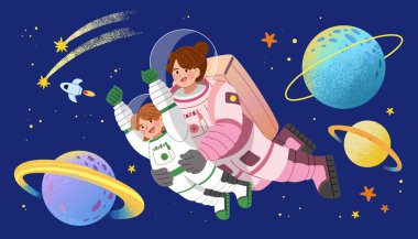 Uzay gezgini astronot ve gezegen elementi koyu mavi arka planda izole edildi