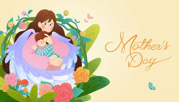 Tarjeta Del Día Las Madres Encantadoras Mamá Con Alas Ángel — Vector de stock