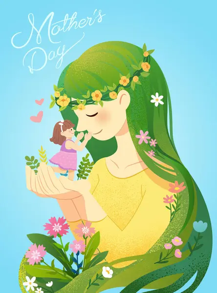 Bonito Cartel Del Día Las Madres Madre Con Pelo Botánico — Archivo Imágenes Vectoriales