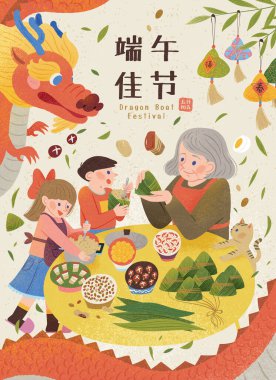 Aile, Duanwu Festivali için zongzi hazırlıyor. Metin: Ejderha Teknesi Festivali. 5 Mayıs