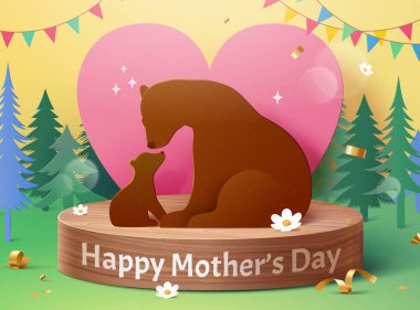 3D kağıt, Anneler Günü kartı. Kahverengi ayı anne ve yavrusu ahşap kürsüde orman arka planında