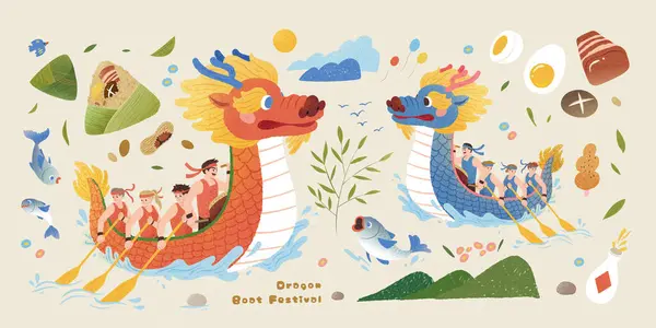 Элементы Фестиваля Dragon Boat Изолированные Бежевом Фоне Драконьими Лодками Едой — стоковый вектор