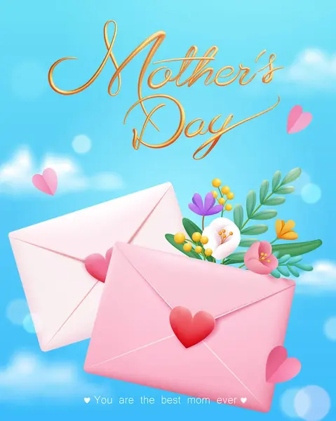 Ρομαντική Κάρτα Ημέρα Μητέρων Αγάπη Γράμμα Και Λουλούδι Διακοσμήσεις Μπλε — Διανυσματικό Αρχείο
