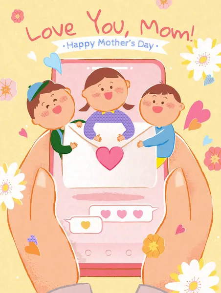 Ωραία Αφίσα Για Την Ημέρα Της Μητέρας Χέρια Κρατώντας Smartphone — Διανυσματικό Αρχείο