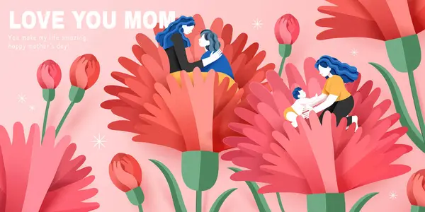 Открытка День Матери Мамы Дочери Взаимодействуют Гвоздичных Цветах Розовом Фоне — стоковый вектор