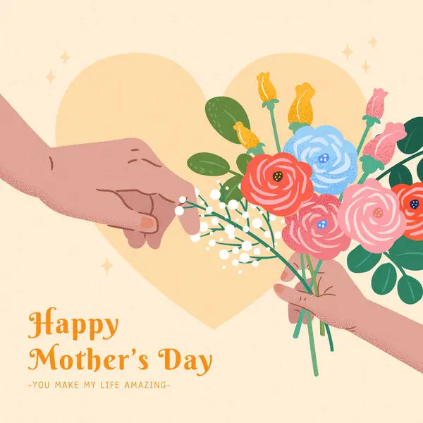 Κάρτα Ημέρας Γλυκών Μητέρων Χέρια Περνώντας Λουλούδια Σχήμα Αγάπης Μπεζ — Διανυσματικό Αρχείο