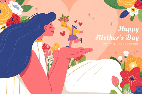 Щаслива Листівка Дня Матері Маленька Дівчинка Долоні Мами Квітковому Фоні — стоковий вектор