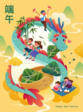 Ejderhalar, sisli dağ arka planında neşeli aktivitelerle yumurtaların etrafını sardılar. Metin: Duanwu