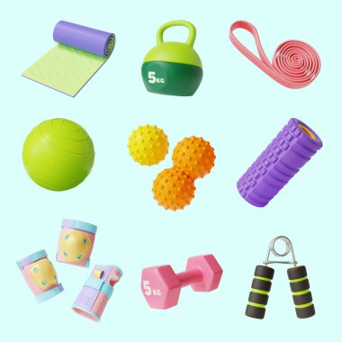 Açık mavi arkaplanda 3 boyutlu spor salonu ekipmanı izole edildi.