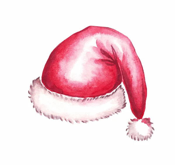圣诞老人的帽子水彩画的一部分 手绘插图 — 图库照片