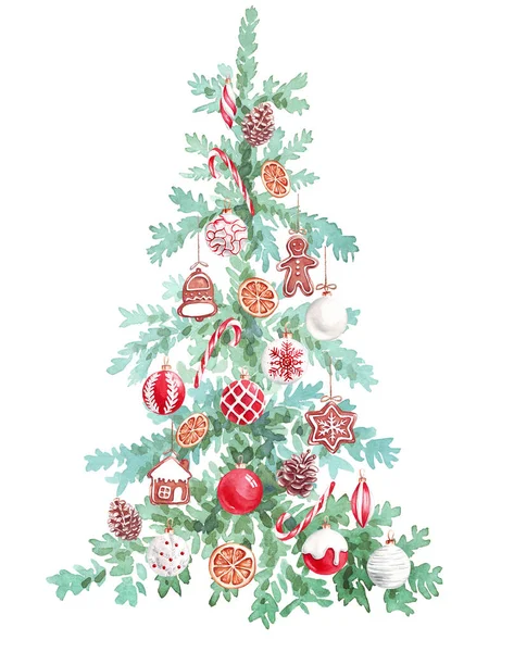 圣诞树 水彩画的一部分 手绘插图 — 图库照片