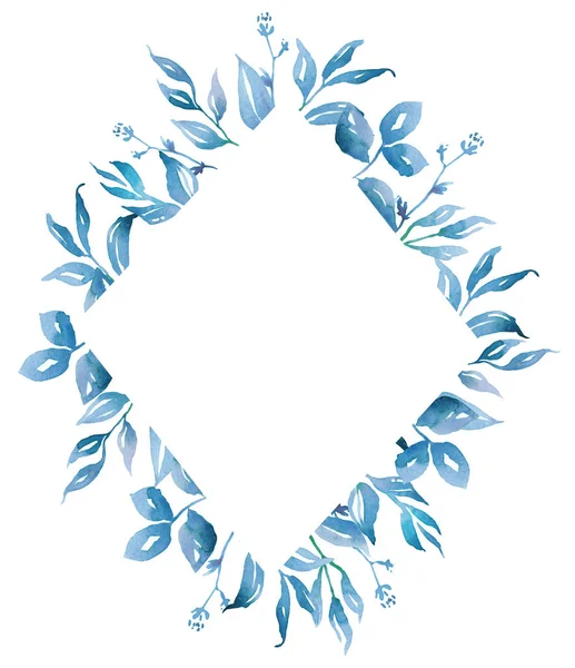 Mavi Yapraklı Çerçeve Suluboya Clipart — Stok fotoğraf