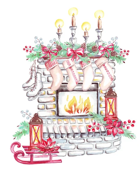 Świąteczny Kominek Kliparty Akwarelowe Ręcznie Malowane Ilustracje — Zdjęcie stockowe