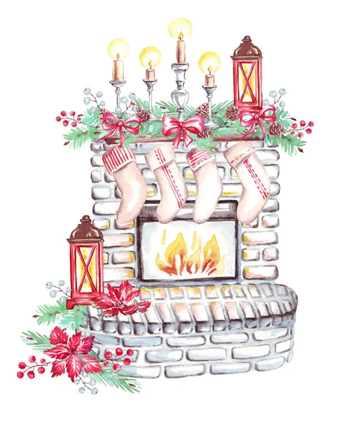 Vánoční Krb Akvarel Kliparty Ručně Malovaná Ilustrace — Stock fotografie