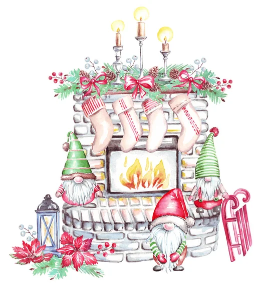 クリスマス暖炉 水の色のクリップアート 手描きイラスト — ストック写真